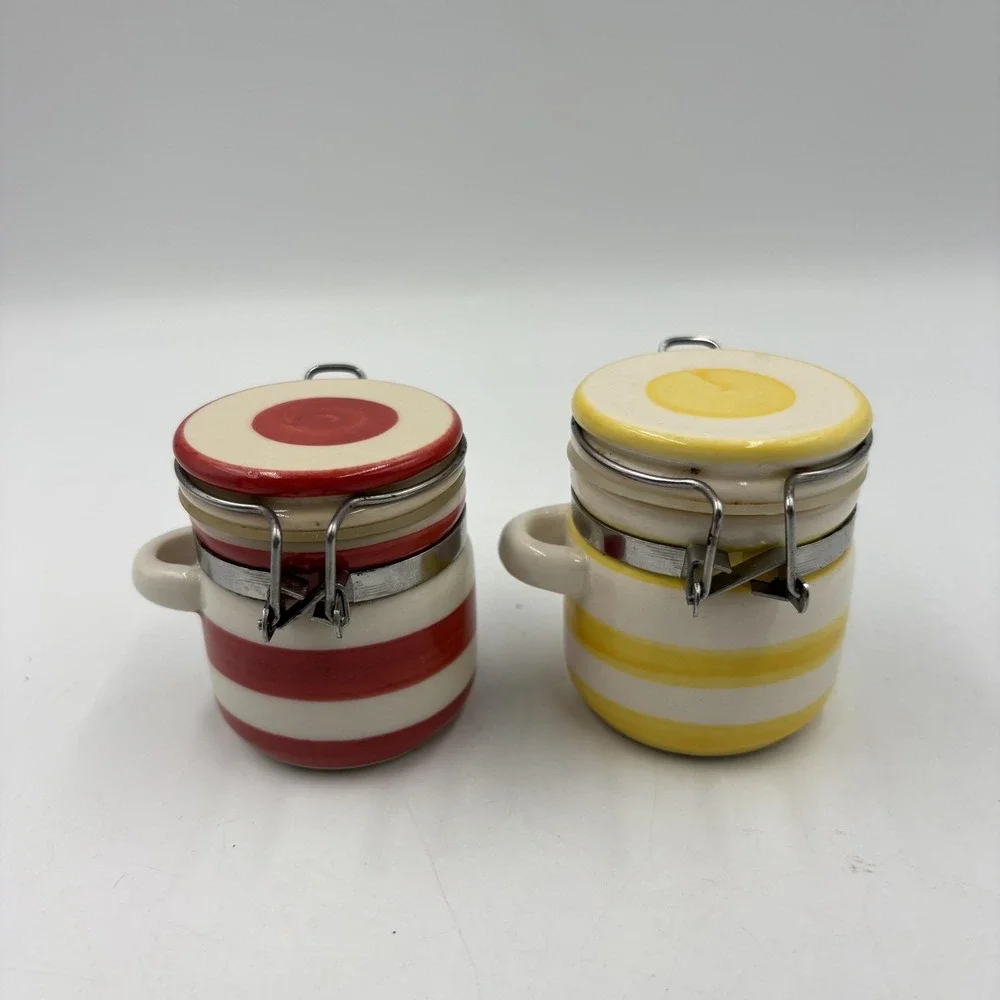 Striped Ceramic Jam Jars Set Of 2 Red‎ Yellow Clamp Lid Airtight Kitchen Storage